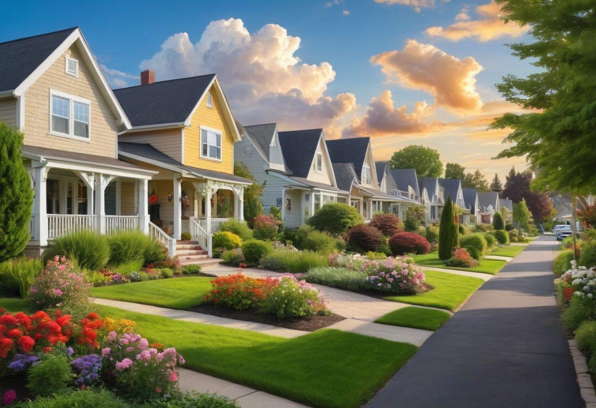 A serene suburban landscape showcasing diverse homes reflecting varied architectural styles, with cheerful families enjoying their yards. In the foreground, a couple is exploring a 'For Sale' sign together, embodying hope and excitement. The sky is bright with fluffy clouds, adding warmth and positivity to the scene. Include lush greenery and blooming flowers to evoke a sense of community and comfort. vibrant colors. painting.