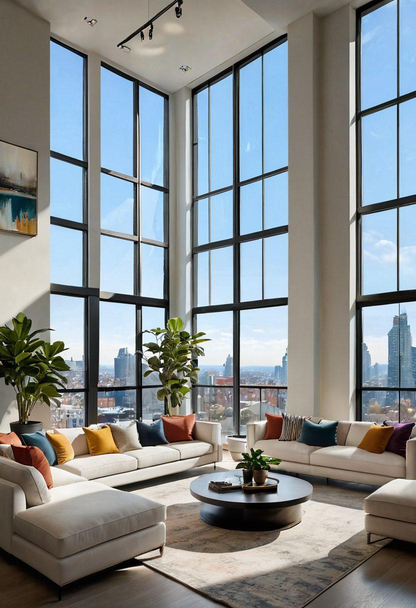 A modern and stylish home interior showcasing a blend of contemporary and traditional design elements, with large windows allowing natural light to flood in. Include an inviting living space with plants and art pieces, symbolizing comfort and creativity. Incorporate a dynamic skyline view through the windows, representing the realty market. Bright and airy atmosphere emphasizing trends in living spaces. super-realistic. vibrant colors. warm tones.