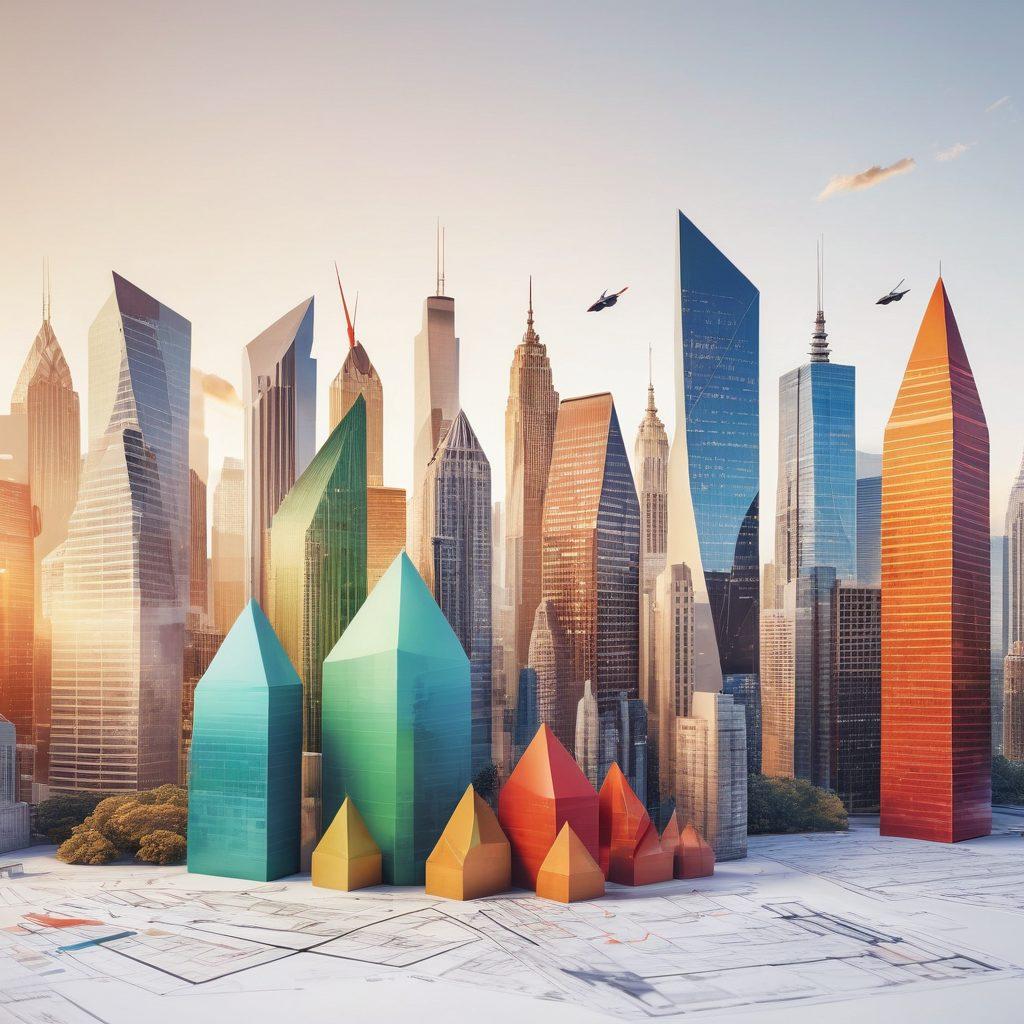 A vibrant city skyline with diverse architectural styles representing various properties, in the foreground a diverse group of investors examining blueprints and charts, expressions of excitement and determination, symbols of growth like upward arrows and money bags subtly integrated into the scene, warm lighting to convey optimism. super-realistic. vibrant colors. white background.